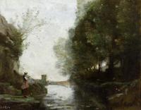 Corot, Jean-Baptiste-Camille - Le cours d'eau a la tour carree(Watercourse leading to the square tower)